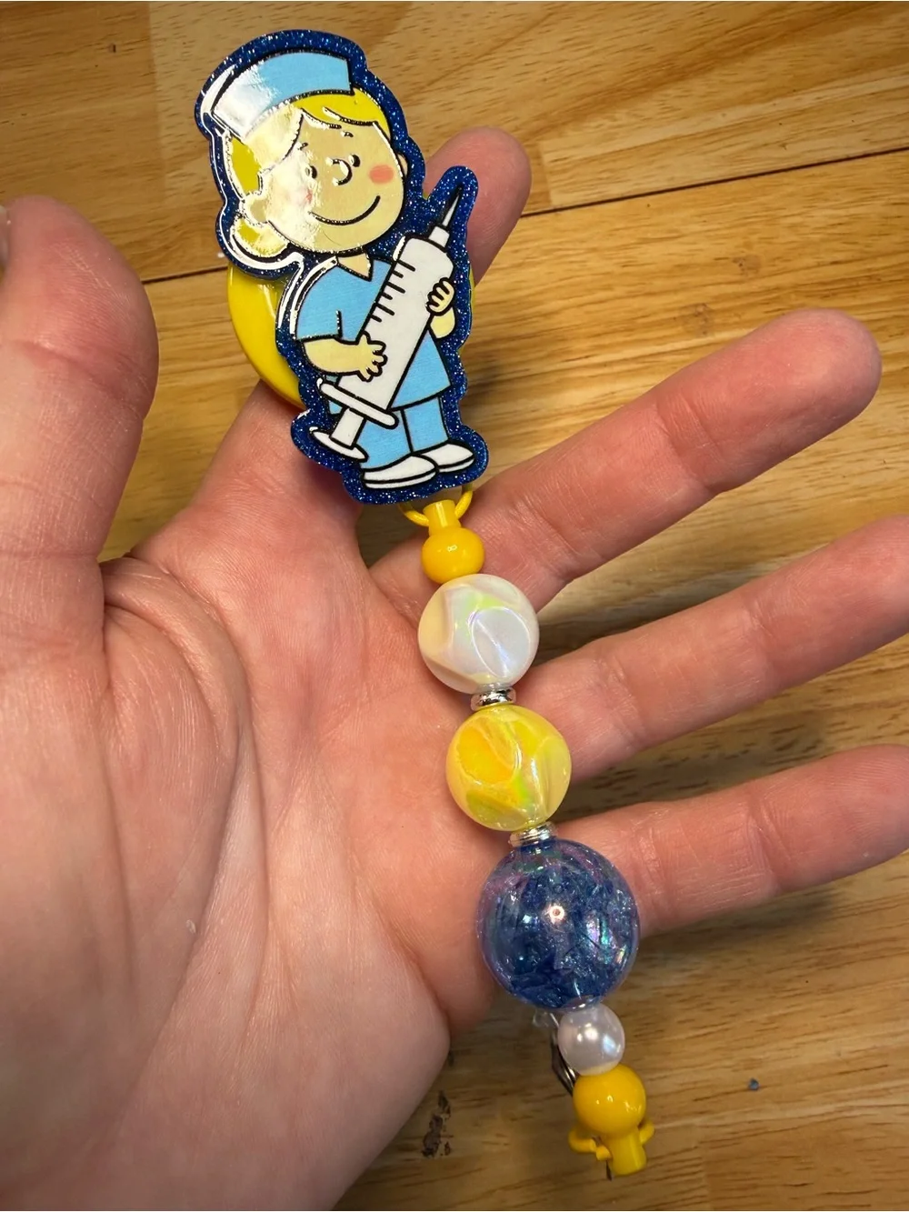 Peanuts Sally Nurse Blue Rhinestone Beaded Pen and Matching Badge Reel Set